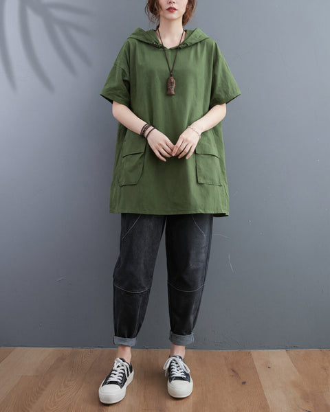ellazhu Women's Hooded Tunic Top Oversized Short Sleeve Cotton Blend Patch Pocket Casual Loose T Shirt Plus Size GA2781