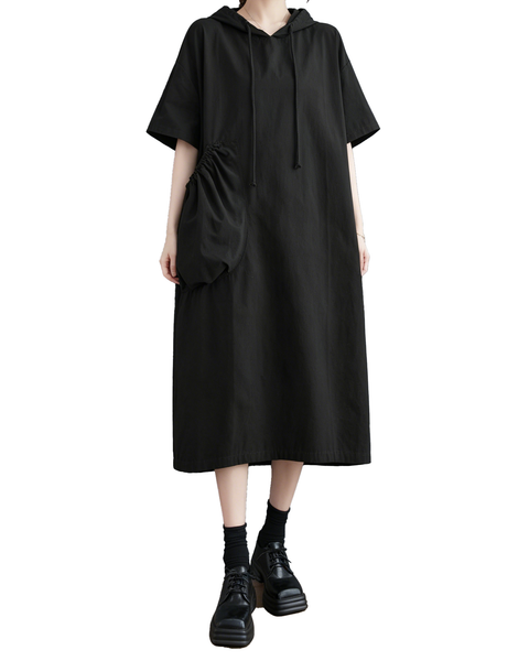 ellazhu Women's Hooded Maxi Dress Short Sleeve Oversized Cotton Blend Patch Pocket A Line Loose Casual Plus Size GA2782