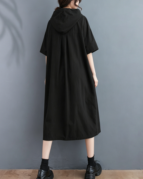 ellazhu Women's Hooded Maxi Dress Short Sleeve Oversized Cotton Blend Patch Pocket A Line Loose Casual Plus Size GA2782