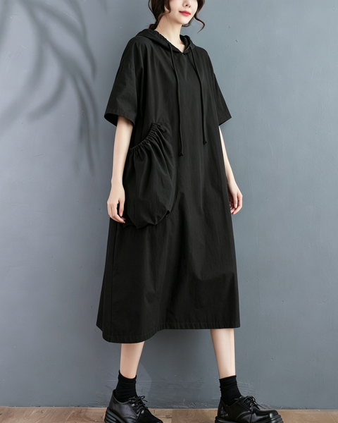 ellazhu Women's Hooded Maxi Dress Short Sleeve Oversized Cotton Blend Patch Pocket A Line Loose Casual Plus Size GA2782