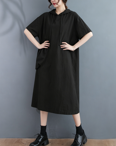 ellazhu Women's Hooded Maxi Dress Short Sleeve Oversized Cotton Blend Patch Pocket A Line Loose Casual Plus Size GA2782