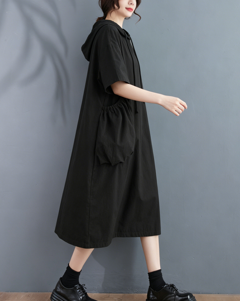 ellazhu Women's Hooded Maxi Dress Short Sleeve Oversized Cotton Blend Patch Pocket A Line Loose Casual Plus Size GA2782