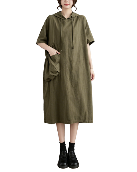 ellazhu Women's Hooded Maxi Dress Short Sleeve Oversized Cotton Blend Patch Pocket A Line Loose Casual Plus Size GA2782
