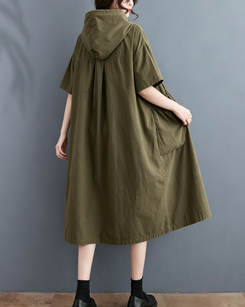 ellazhu Women's Hooded Maxi Dress Short Sleeve Oversized Cotton Blend Patch Pocket A Line Loose Casual Plus Size GA2782