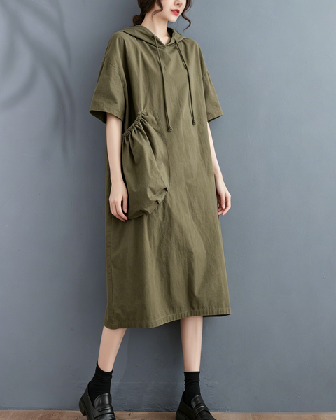 ellazhu Women's Hooded Maxi Dress Short Sleeve Oversized Cotton Blend Patch Pocket A Line Loose Casual Plus Size GA2782