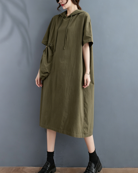 ellazhu Women's Hooded Maxi Dress Short Sleeve Oversized Cotton Blend Patch Pocket A Line Loose Casual Plus Size GA2782