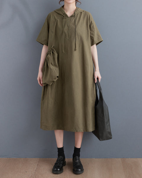 ellazhu Women's Hooded Maxi Dress Short Sleeve Oversized Cotton Blend Patch Pocket A Line Loose Casual Plus Size GA2782
