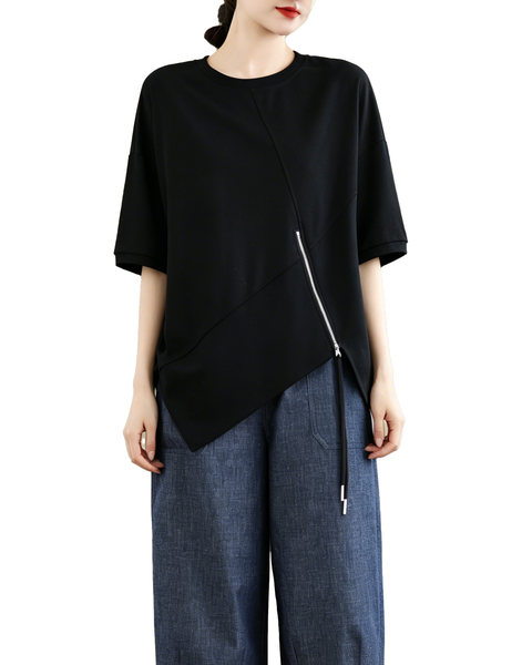 ellazhu Women's Asymmetrical Hem Tee Short Sleeve Oversized Zip Detail Cotton Blend Loose Top Casual Plus Size GA2783