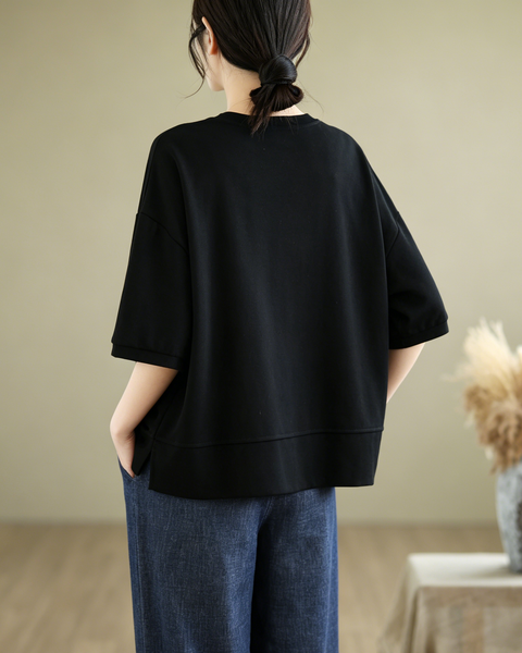 ellazhu Women's Asymmetrical Hem Tee Short Sleeve Oversized Zip Detail Cotton Blend Loose Top Casual Plus Size GA2783