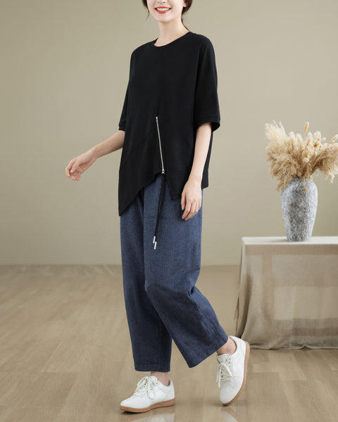 ellazhu Women's Asymmetrical Hem Tee Short Sleeve Oversized Zip Detail Cotton Blend Loose Top Casual Plus Size GA2783