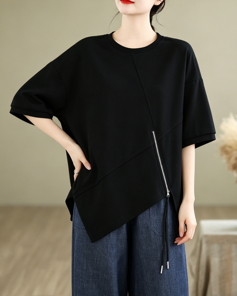 ellazhu Women's Asymmetrical Hem Tee Short Sleeve Oversized Zip Detail Cotton Blend Loose Top Casual Plus Size GA2783