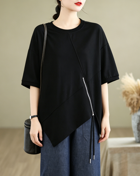 ellazhu Women's Asymmetrical Hem Tee Short Sleeve Oversized Zip Detail Cotton Blend Loose Top Casual Plus Size GA2783