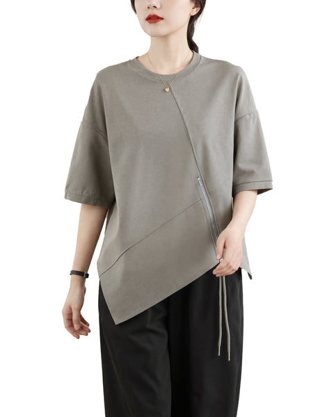 ellazhu Women's Asymmetrical Hem Tee Short Sleeve Oversized Zip Detail Cotton Blend Loose Top Casual Plus Size GA2783