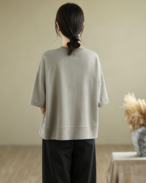 ellazhu Women's Asymmetrical Hem Tee Short Sleeve Oversized Zip Detail Cotton Blend Loose Top Casual Plus Size GA2783