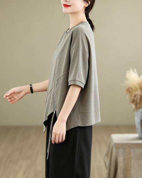 ellazhu Women's Asymmetrical Hem Tee Short Sleeve Oversized Zip Detail Cotton Blend Loose Top Casual Plus Size GA2783