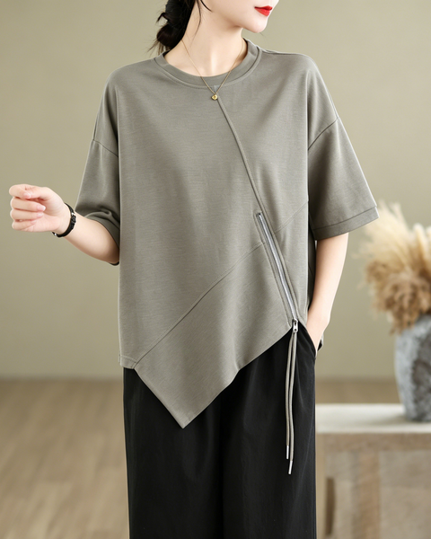 ellazhu Women's Asymmetrical Hem Tee Short Sleeve Oversized Zip Detail Cotton Blend Loose Top Casual Plus Size GA2783