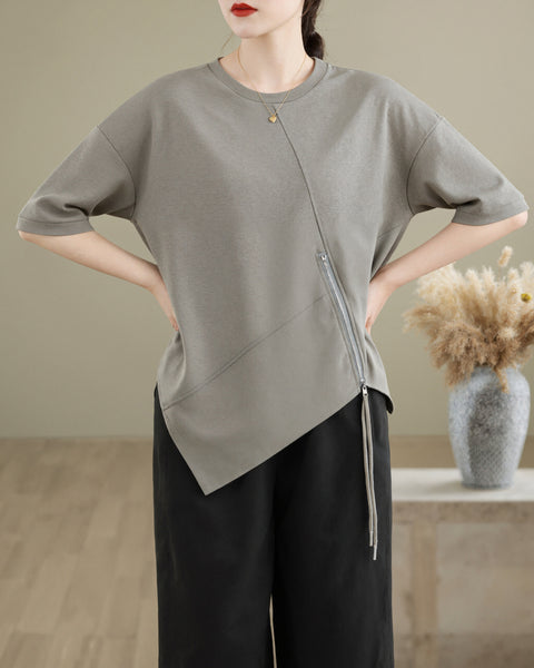 ellazhu Women's Asymmetrical Hem Tee Short Sleeve Oversized Zip Detail Cotton Blend Loose Top Casual Plus Size GA2783