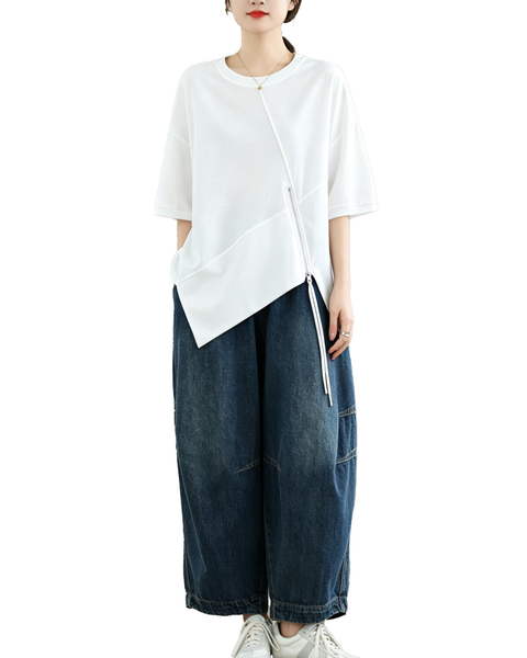 ellazhu Women's Asymmetrical Hem Tee Short Sleeve Oversized Zip Detail Cotton Blend Loose Top Casual Plus Size GA2783
