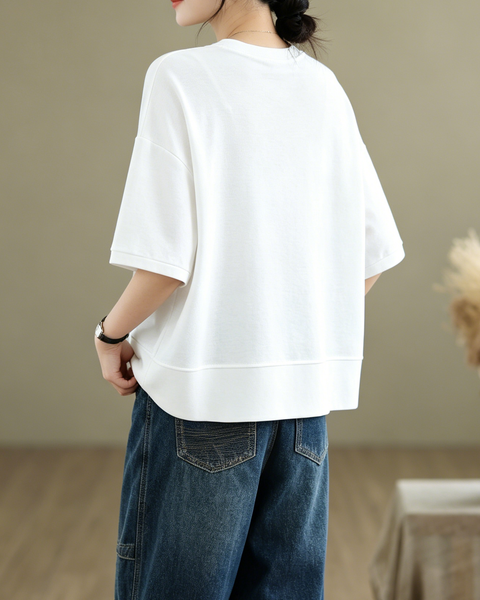 ellazhu Women's Asymmetrical Hem Tee Short Sleeve Oversized Zip Detail Cotton Blend Loose Top Casual Plus Size GA2783