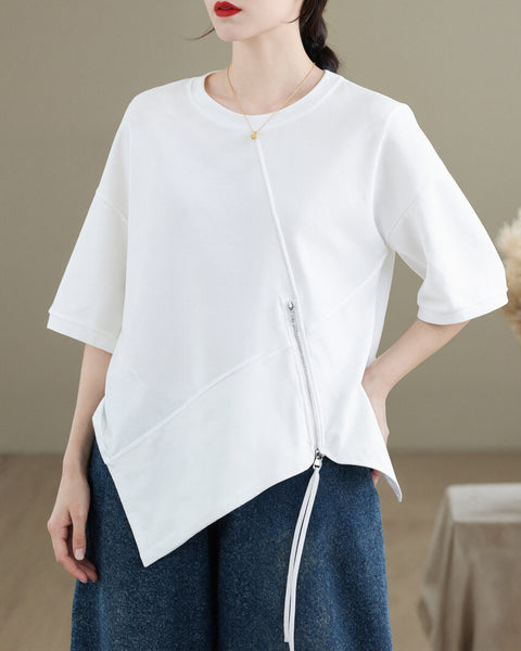 ellazhu Women's Asymmetrical Hem Tee Short Sleeve Oversized Zip Detail Cotton Blend Loose Top Casual Plus Size GA2783