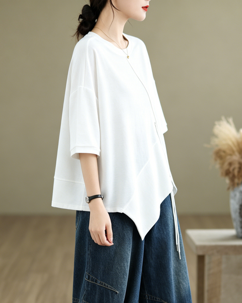 ellazhu Women's Asymmetrical Hem Tee Short Sleeve Oversized Zip Detail Cotton Blend Loose Top Casual Plus Size GA2783