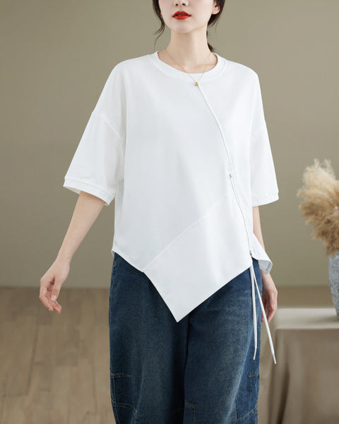ellazhu Women's Asymmetrical Hem Tee Short Sleeve Oversized Zip Detail Cotton Blend Loose Top Casual Plus Size GA2783