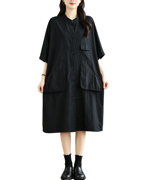 ellazhu Women's Mandarin Collar Shirt Dress Button Down Short Sleeve Patch Pocket Oversized Loose Plus Size GA2784