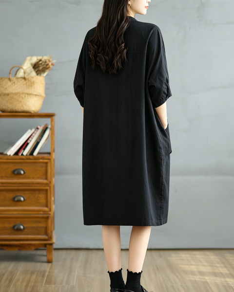 ellazhu Women's Mandarin Collar Shirt Dress Button Down Short Sleeve Patch Pocket Oversized Loose Plus Size GA2784