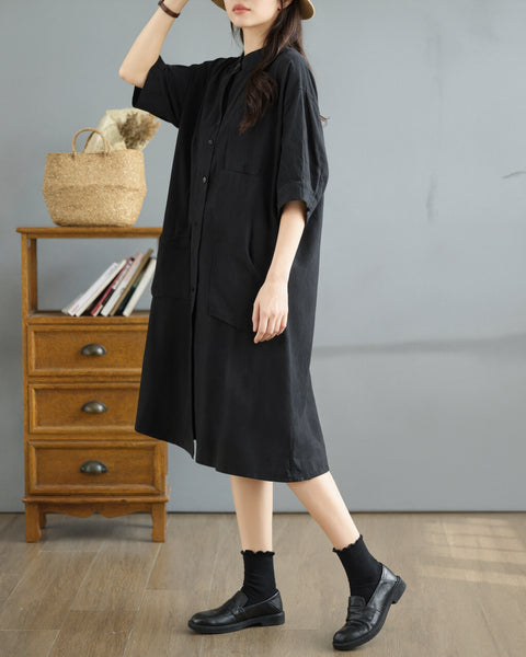 ellazhu Women's Mandarin Collar Shirt Dress Button Down Short Sleeve Patch Pocket Oversized Loose Plus Size GA2784