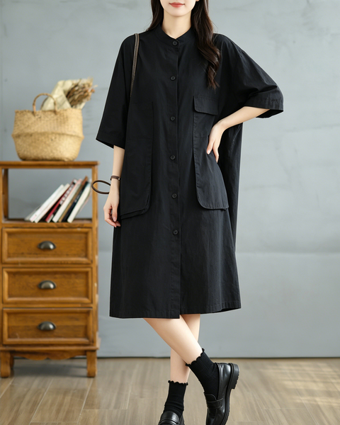 ellazhu Women's Mandarin Collar Shirt Dress Button Down Short Sleeve Patch Pocket Oversized Loose Plus Size GA2784