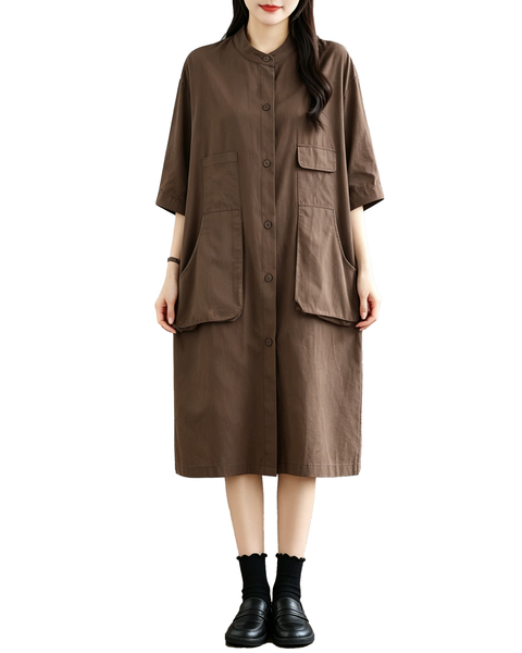 ellazhu Women's Mandarin Collar Shirt Dress Button Down Short Sleeve Patch Pocket Oversized Loose Plus Size GA2784