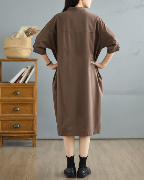 ellazhu Women's Mandarin Collar Shirt Dress Button Down Short Sleeve Patch Pocket Oversized Loose Plus Size GA2784
