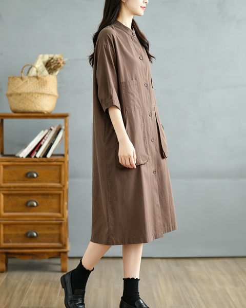 ellazhu Women's Mandarin Collar Shirt Dress Button Down Short Sleeve Patch Pocket Oversized Loose Plus Size GA2784