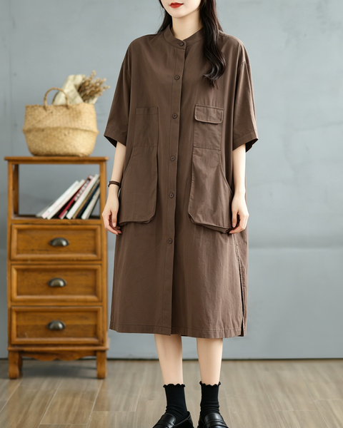ellazhu Women's Mandarin Collar Shirt Dress Button Down Short Sleeve Patch Pocket Oversized Loose Plus Size GA2784