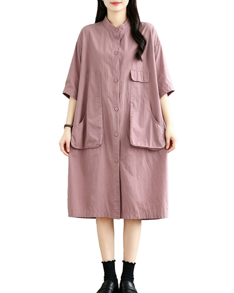 ellazhu Women's Mandarin Collar Shirt Dress Button Down Short Sleeve Patch Pocket Oversized Loose Plus Size GA2784