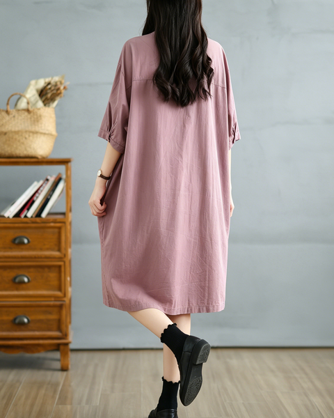 ellazhu Women's Mandarin Collar Shirt Dress Button Down Short Sleeve Patch Pocket Oversized Loose Plus Size GA2784