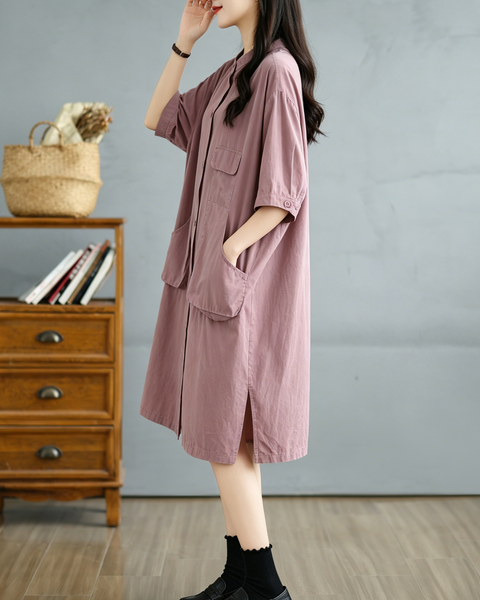 ellazhu Women's Mandarin Collar Shirt Dress Button Down Short Sleeve Patch Pocket Oversized Loose Plus Size GA2784