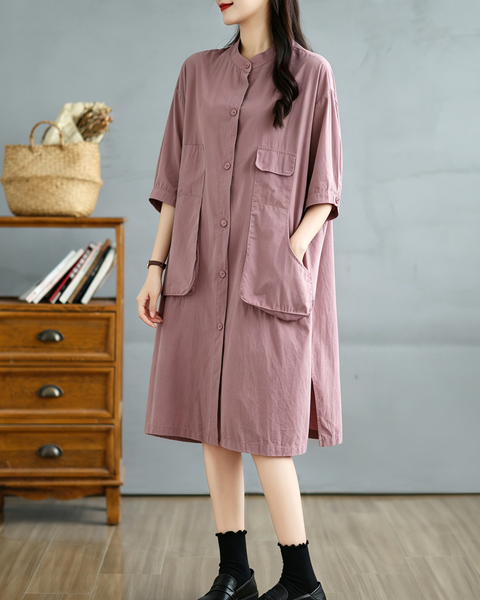 ellazhu Women's Mandarin Collar Shirt Dress Button Down Short Sleeve Patch Pocket Oversized Loose Plus Size GA2784