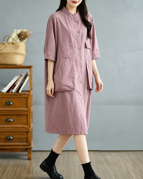 ellazhu Women's Mandarin Collar Shirt Dress Button Down Short Sleeve Patch Pocket Oversized Loose Plus Size GA2784
