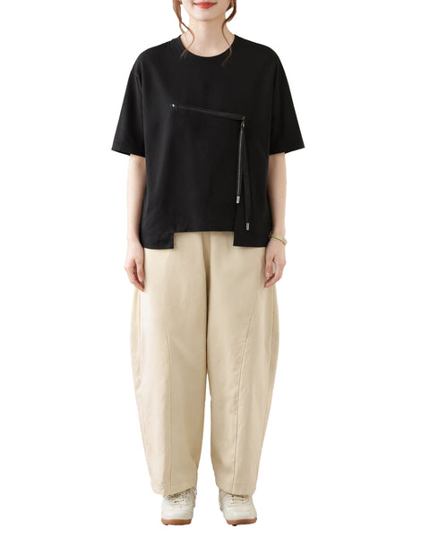 ellazhu Women's Asymmetrical Hem Tee Short Sleeve Zip Detail Cotton Blend Loose Top Round Neck Casual Plus Size GA2785