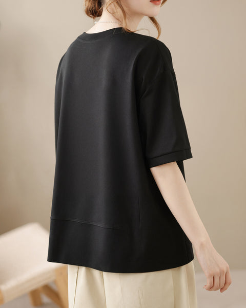 ellazhu Women's Asymmetrical Hem Tee Short Sleeve Zip Detail Cotton Blend Loose Top Round Neck Casual Plus Size GA2785