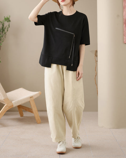 ellazhu Women's Asymmetrical Hem Tee Short Sleeve Zip Detail Cotton Blend Loose Top Round Neck Casual Plus Size GA2785