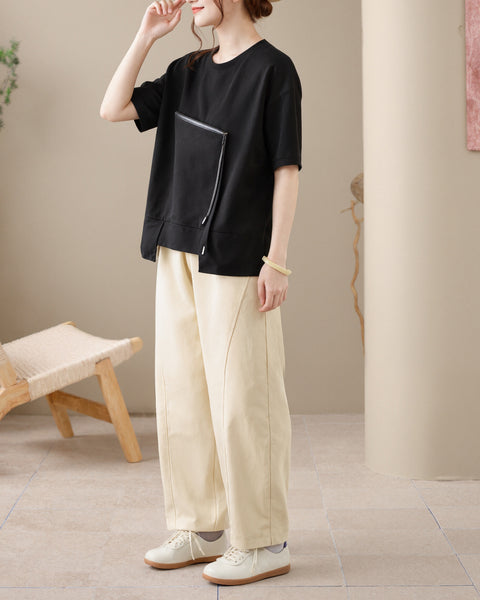 ellazhu Women's Asymmetrical Hem Tee Short Sleeve Zip Detail Cotton Blend Loose Top Round Neck Casual Plus Size GA2785