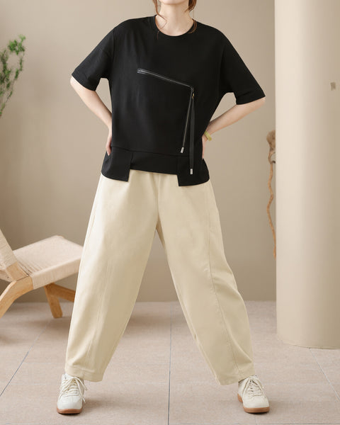 ellazhu Women's Asymmetrical Hem Tee Short Sleeve Zip Detail Cotton Blend Loose Top Round Neck Casual Plus Size GA2785
