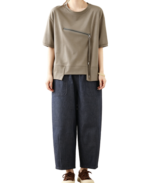 ellazhu Women's Asymmetrical Hem Tee Short Sleeve Zip Detail Cotton Blend Loose Top Round Neck Casual Plus Size GA2785