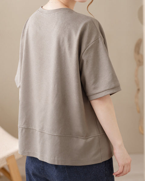ellazhu Women's Asymmetrical Hem Tee Short Sleeve Zip Detail Cotton Blend Loose Top Round Neck Casual Plus Size GA2785
