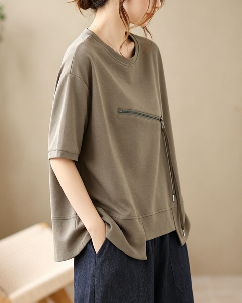 ellazhu Women's Asymmetrical Hem Tee Short Sleeve Zip Detail Cotton Blend Loose Top Round Neck Casual Plus Size GA2785