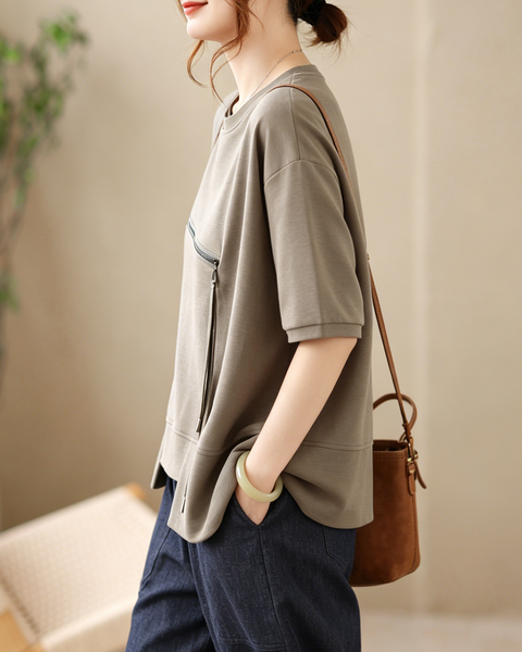 ellazhu Women's Asymmetrical Hem Tee Short Sleeve Zip Detail Cotton Blend Loose Top Round Neck Casual Plus Size GA2785