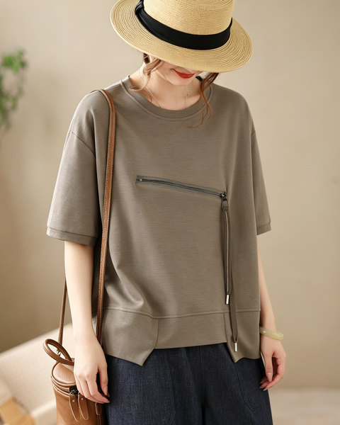 ellazhu Women's Asymmetrical Hem Tee Short Sleeve Zip Detail Cotton Blend Loose Top Round Neck Casual Plus Size GA2785