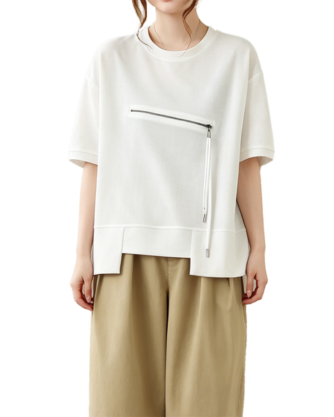 ellazhu Women's Asymmetrical Hem Tee Short Sleeve Zip Detail Cotton Blend Loose Top Round Neck Casual Plus Size GA2785